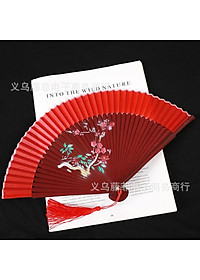 Quạt múa cổ trang dây tuyến viền đỏ cầm tay quà tặng xinh xắn cosplay phong cách tết