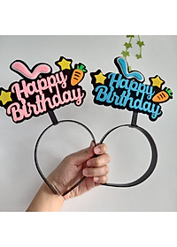 Băng đô cài tóc sinh nhật chữ Happy Birthday vải nỉ có đèn (màu xanh/hồng)