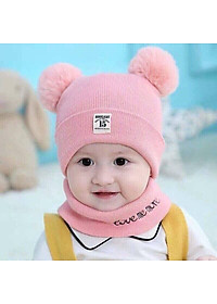 Mũ Len 2 Quả Bông Kèm Khăn Cho Bé ( Giao Màu Ngẫu Nhiên)