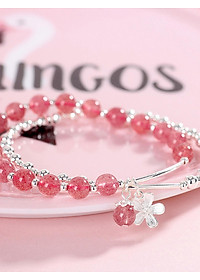 Vòng tay 2 line đá thạch anh dâu phối charm hoa bạc mệnh hỏa, thổ - Ngọc Quý Gemstones