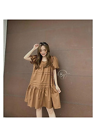 Đầm suông babydoll cổ vuông nhún tầng tay phồng xinh xắn
