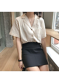 Áo sơ mi nữ thô đũi viền cổ, áo kiểu nữ cộc tay cổ vest viền chỉ freesize s21