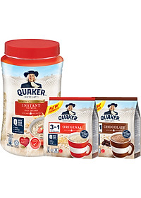 Combo Yến Mạch Thượng Hạng: Yến Mạch Ăn Liền Quaker Hũ 600g & Thức Uống Yến Mạch Quaker 3in1 Vị Chocolate, Truyền Thống