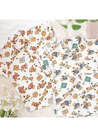 Áo sơ mi bé trai tay ngắn gấu Teddy vải thô cotton mềm mịn mát MamLa
