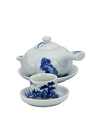 Bộ ấm chén men lam quai ngang vẽ Lã Vọng gốm sứ Bát Tràng (bộ bình uống trà, bộ bình trà)