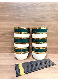 Bộ 6 Bát Sứ Màu Xanh-Trắng Viền Mạ Vàng Cao Cấp- Tặng Kèm Đũa Phong Cách Nhật- Hàng Chính Hãng MINIIN