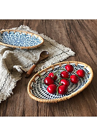 Khay trang trí bằng mây, khay gốm sứ viền mây ECOHUB, đựng đồ trang sức, bộ quà tặng nhà mới (Rattan Decorative Tray)