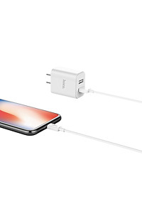 Bộ sạc nhanh 2.1A Hoco C62 chân dẹt 2 cổng Usb kèm dây sạc cho iPhone/iPad - Hàng chính hãng
