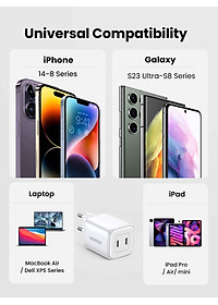 Ugreen UG15327CD294TK 45W 2C GaN chuẩn cắm EU chân tròn Màu Trắng Củ sạc nhanh 2 cổng USB-C - HÀNG CHÍNH HÃNG