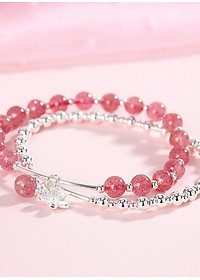 Vòng tay 2 line đá thạch anh dâu phối charm hoa bạc mệnh hỏa, thổ - Ngọc Quý Gemstones
