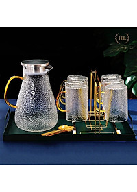 Bình thuỷ tinh chịu nhiệt sần quai vàng | Bộ bình cốc thủy tinh sần Borosilicate chịu nhiệt, chịu lực cao cấp