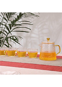 Bộ ấm chén thủy tinh pha trà tay vàng vân sần chịu nhiệt cao cấp kèm khay gỗ tre