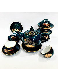 Bộ ấm chén Bát Tràng cao cấp màu xanh Arctic họa tiết hoa sen vẽ vàng 24k