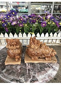 Cặp Tỳ Hưu phong thủy đá cẩm thạch vân gỗ có đế - Dài 15 cm