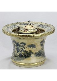 Điếu bát men rạn bọc đồng vẽ Sơn Thủy dáng cao gốm sứ Bát Tràng (điếu hút thuốc lào)