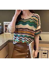 Áo len nữ form rộng hoạ tiết phối màu xinh mẫu mới thu đông HB09