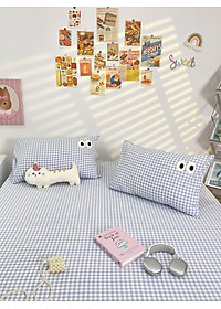 Bộ ga gối cotton đũi LIDACO họa tiết kẻ đôi mắt mềm mát ga nệm bo chun theo kích thước yêu cầu nhiều mẫu lựa chọn