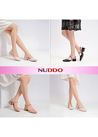 Giày sandal cao gót nữ mũi tròn thời trang NUDDO gót vuông cao 3 phân da bóng phong cách Hàn Quốc