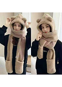 Mũ Lông Cừu Tai Gấu Kèm Khăn Quàng Cổ và Găng Tay Ấm Áp Ulzzang Hàn Quốc
