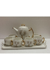 Bộ ấm chén kèm khay sứ pha trà trắng họa tiết hươu rừng