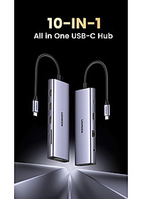 Ugreen UG15601CM498TK USB type C sang 1 x HDMI 4K30hz + 1 x VGA xuất cùng lúc + 1 x RJ45 1Gbps + TF + SD + 3 x USB 3.0 + 1 x 3.5mm NO MIC + 1 x USB-C PD 100W Bộ chuyển 10in1 - HÀNG CHÍNH HÃNG