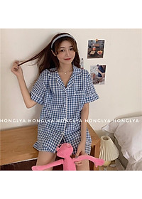 Bộ ngủ cộc cộc kẻ caro siêu dễ thương Pijama kẻ caro Pizama dễ thương Pyjama