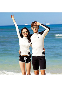 Đồ bơi đôi nam nữ đi biển đẹp, phong cách trẻ trung, áo khoác khóa dài tay, quần sooc đùi thể thao, nữ có áo trong | BN021 | KT021