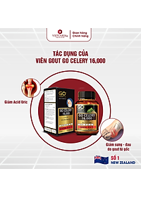 Viên gout nhập khẩu chính hãng New Zealand GO CELERY 16000mg (60 viên) giúp giảm các triệu chứng bệnh gút: giảm uric axit, làm giảm triệu chứng sưng đau do gut