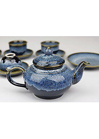 Bộ ấm chén Bát Tràng men Hỏa biến xanh sóng biển