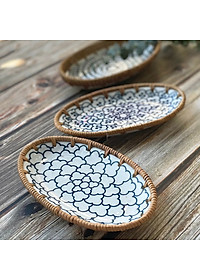 Khay trang trí bằng mây, khay gốm sứ viền mây ECOHUB, đựng đồ trang sức, bộ quà tặng nhà mới (Rattan Decorative Tray)