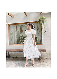 Váy hoa nhí cổ vuông tiểu thư - váy trắng hoa nhí hàn quốc