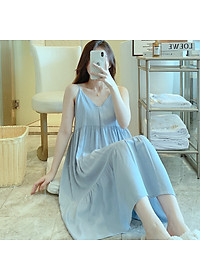 Váy 2 dây cho nữ mặc nhà vải lanh mềm mát, dáng xòe, nhiều họa tiết, freesize từ 45 đến 75 kg