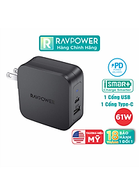 Adapter Sạc 2 Cổng Tích Hợp Type-C In/Out Hỗ Trợ Sạc Nhanh PD Power Delivery 61W RAVPower RP-PC105 – Hàng Chính Hãng