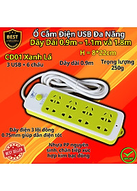 Ổ Cắm Điện USB Đa Năng Cao Cấp Chống Giật Dây Dài 0.9m – 1.1m và 1.8m, Ổ Cắm Điện Công Suất 2500W Có Chốt An Toàn Tiện Lợi, Chính Hãng