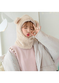 Mũ len lông cừu liền khăn cổ tai gấu dễ thương ấm áp mùa đông thích hợp cho bạn gái