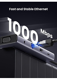Ugreen UG15601CM498TK USB type C sang 1 x HDMI 4K30hz + 1 x VGA xuất cùng lúc + 1 x RJ45 1Gbps + TF + SD + 3 x USB 3.0 + 1 x 3.5mm NO MIC + 1 x USB-C PD 100W Bộ chuyển 10in1 - HÀNG CHÍNH HÃNG