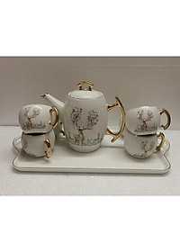 Bộ ấm chén kèm khay sứ pha trà trắng họa tiết hươu rừng