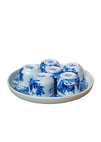 Bộ ấm chén men lam lõm Trúc Lâm Thất Hiền gốm sứ  Bát Tràng (bộ bình uống trà, bộ bình trà)