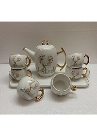 Bộ ấm chén kèm khay sứ pha trà trắng họa tiết hươu rừng