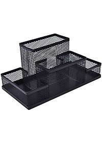 Hộp đựng bút, khay bút 4 NGĂN để bàn kim loại đa năng - màu đen Legaxi