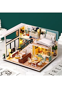 Nhà búp bê lắp ghép bằng gỗ có đèn Led, mẫu Comfortable Life tặng kèm dụng cụ lắp ráp, keo silicon