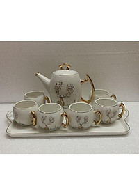Bộ ấm chén kèm khay sứ pha trà trắng họa tiết hươu rừng