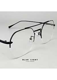 Gọng Kính Cận, Kính Giả Cận Nam Nữ Mắt Vuông Cỡ Vừa, Nửa Gọng Kim Loại Cứng Cáp, Màu Bạc, Đen - BLUE LIGHT