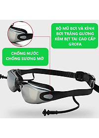 Kính Bơi Tráng Gương kèm bịt tai cao cấp GroFa chống sương mù, chống tia UV Hàng chính hãng - Tặng kèm nón bơi Silicon (Màu ngẫu nhiên)