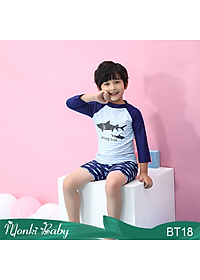 Bộ đồ bơi bé trai dài tay cá mập, vải bơi co giãn 4 chiều, có mũ bơi | BT18