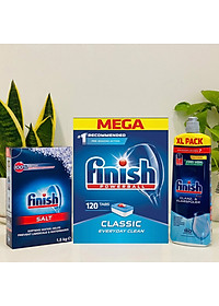 Combo muối rửa bát Finish 1,5kg+viên rửa bát Finish 120 viên+Nước làm bóng bát chén finish 800ml