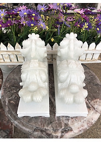 Cặp Tỳ Hưu phong thủy tài lộc đá cẩm thạch trắng có đế đá - Dài 20 cm