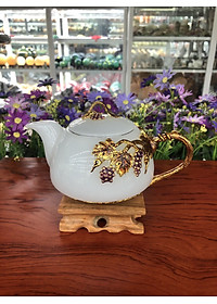 Bộ ấm trà chạm cây nho tím với ly chạm chữ đá bạch ngọc