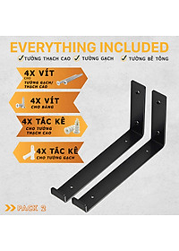 Bộ 2 giá đỡ chữ L pas mặt dưới 25 cm, ke bàn treo tường bằng thép phủ sơn tĩnh điện, kèm phụ kiện vít tắc kê - Hàng chính hãng