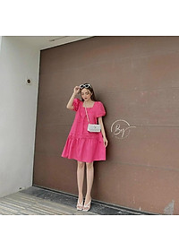 Đầm suông babydoll cổ vuông nhún tầng tay phồng xinh xắn
